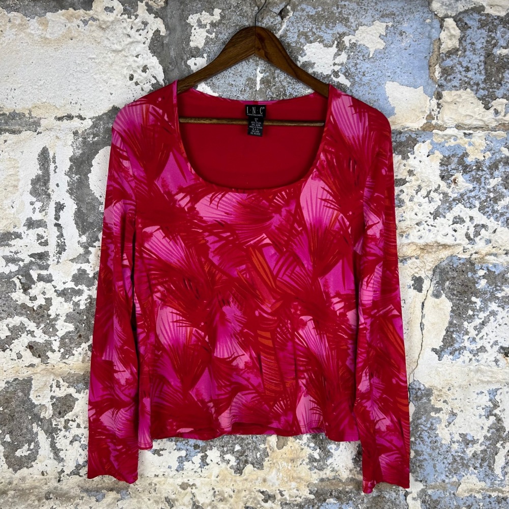 Y2K INC Tropical Palm Top Red Pink Mesh Long Sleeve Scoop Neck Womens L